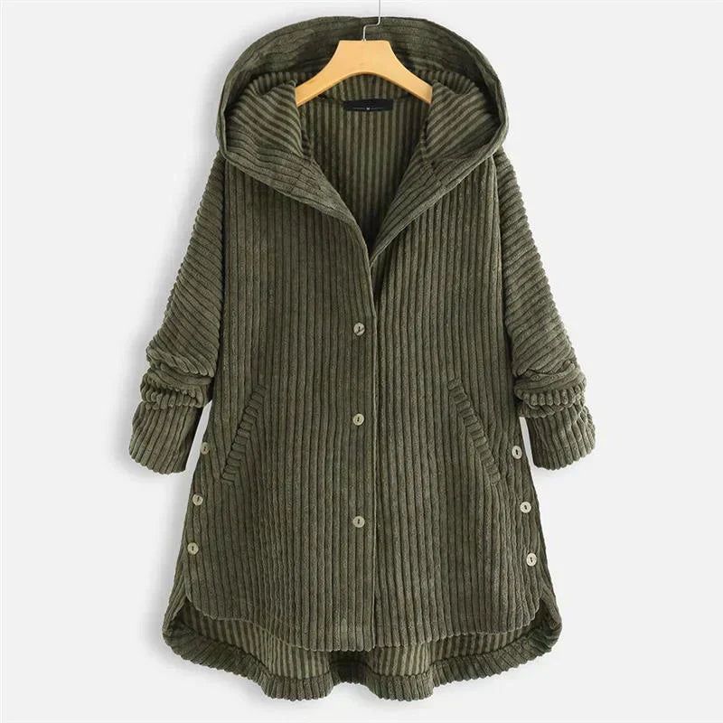 Comfortable Black Corduroy Hooded Coat for Women with Button Front Long Sleeve Oversized High Low Casual Style