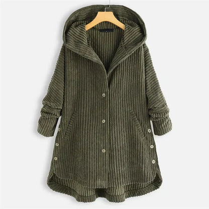 Comfortable Black Corduroy Hooded Coat for Women with Button Front Long Sleeve Oversized High Low Casual Style