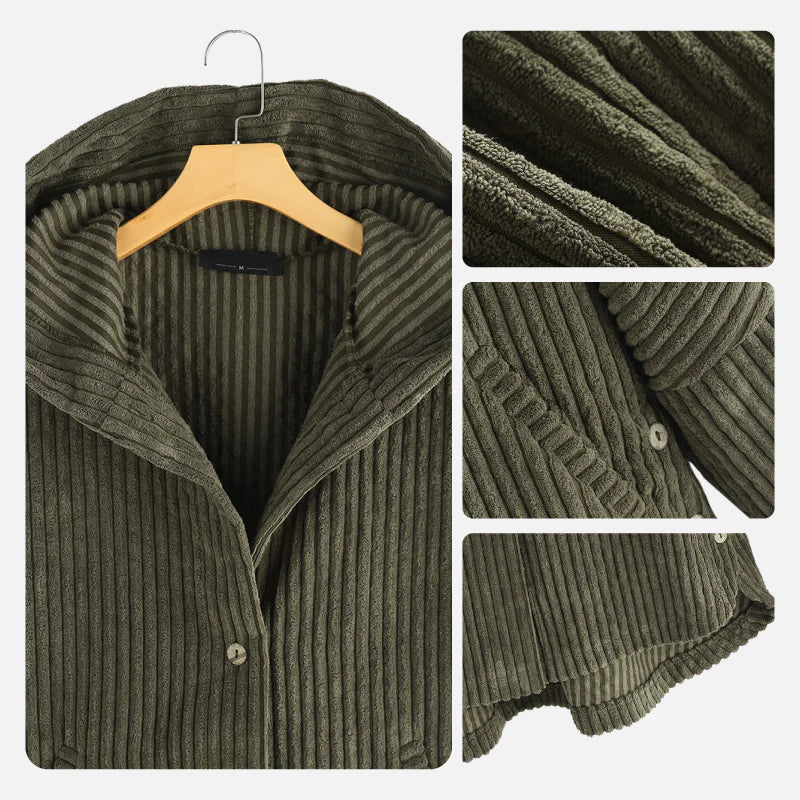 Comfortable Black Corduroy Hooded Coat for Women with Button Front Long Sleeve Oversized High Low Casual Style