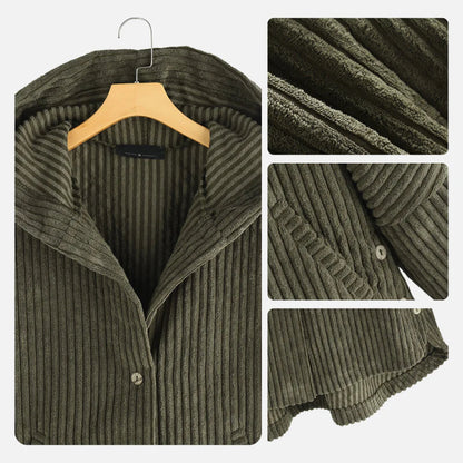 Comfortable Black Corduroy Hooded Coat for Women with Button Front Long Sleeve Oversized High Low Casual Style