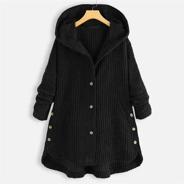 Comfortable Black Corduroy Hooded Coat for Women with Button Front Long Sleeve Oversized High Low Casual Style