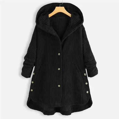 Comfortable Black Corduroy Hooded Coat for Women with Button Front Long Sleeve Oversized High Low Casual Style