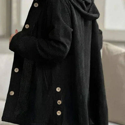 Comfortable Black Corduroy Hooded Coat for Women with Button Front Long Sleeve Oversized High Low Casual Style