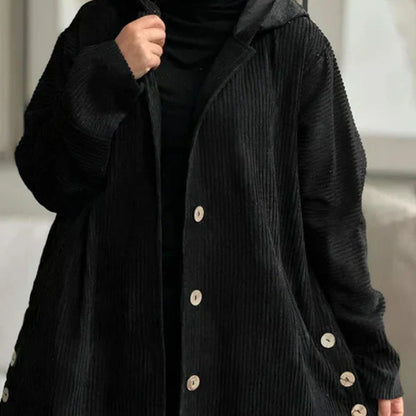 Comfortable Black Corduroy Hooded Coat for Women with Button Front Long Sleeve Oversized High Low Casual Style