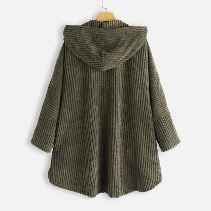 Comfortable Black Corduroy Hooded Coat for Women with Button Front Long Sleeve Oversized High Low Casual Style