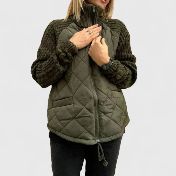 Effortless Quilted Jacket for Women with High Neck Long Sleeve Cable Knit Zip Front Style