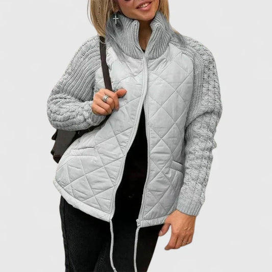 Effortless Quilted Jacket for Women with High Neck Long Sleeve Cable Knit Zip Front Style