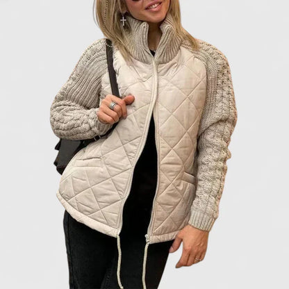 Effortless Quilted Jacket for Women with High Neck Long Sleeve Cable Knit Zip Front Style