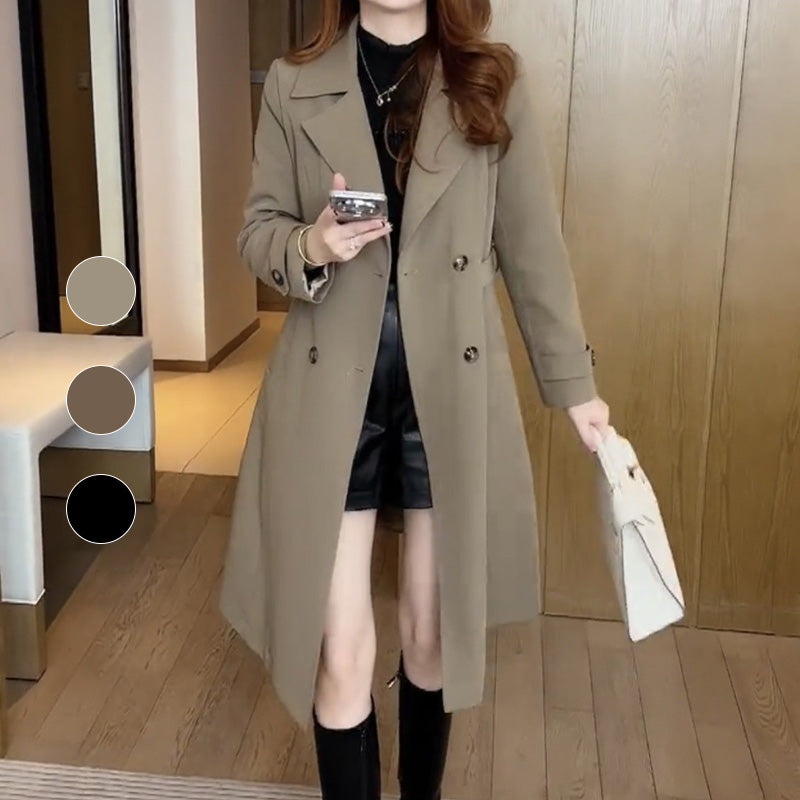 Elegant Longline Trench Coat for Women with Notched Lapel Long Sleeve Double Breasted Belted Style