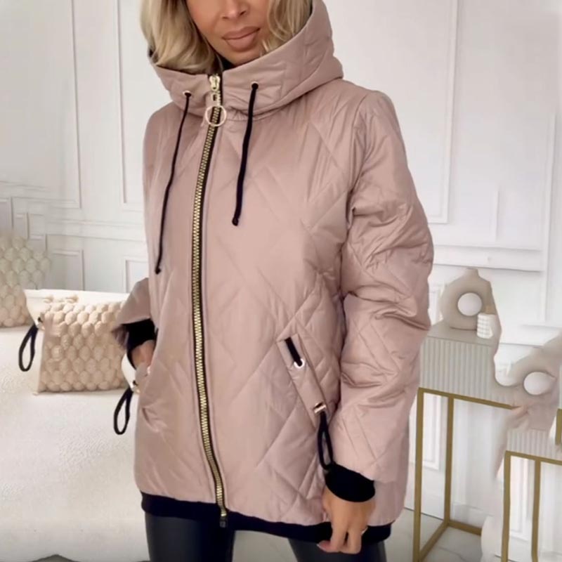 Effortless Quilted Puffer Jacket for Women with Hooded Drawstring Long Sleeve Zip Front Casual Style