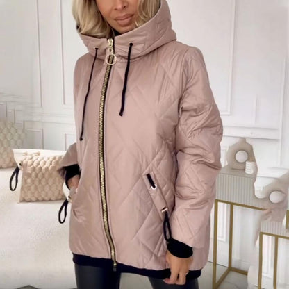 Effortless Quilted Puffer Jacket for Women with Hooded Drawstring Long Sleeve Zip Front Casual Style