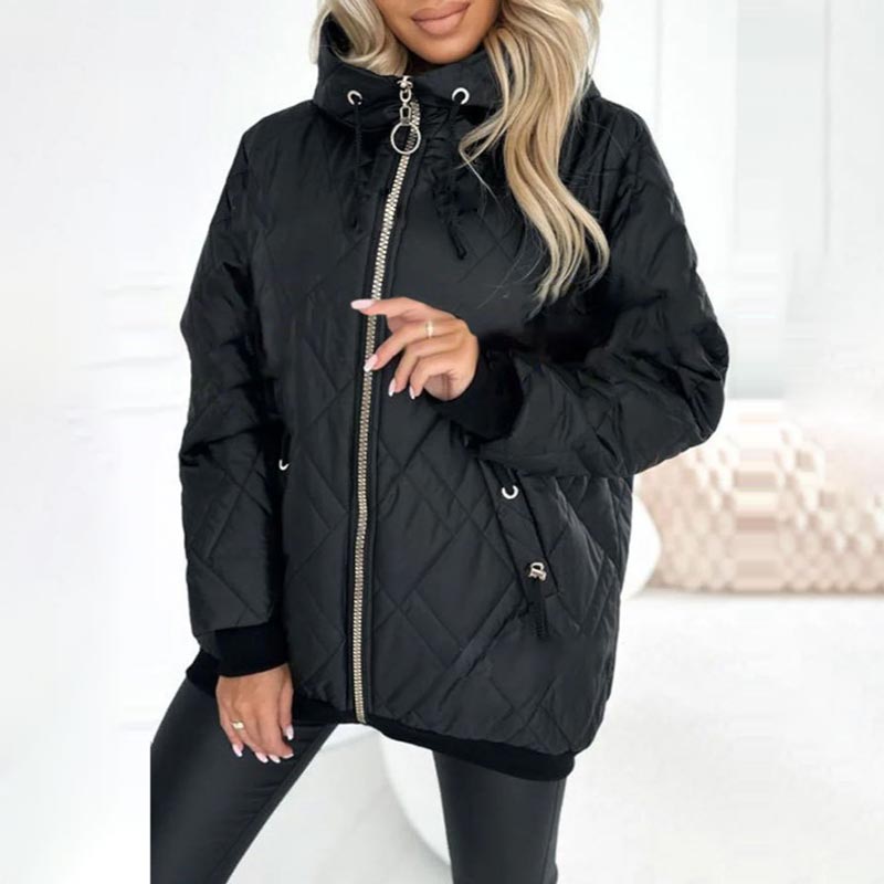 Effortless Quilted Puffer Jacket for Women with Hooded Drawstring Long Sleeve Zip Front Casual Style