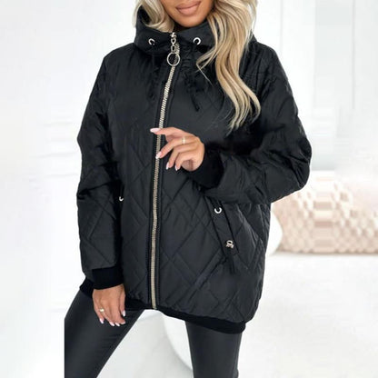 Effortless Quilted Puffer Jacket for Women with Hooded Drawstring Long Sleeve Zip Front Casual Style