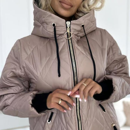 Effortless Quilted Puffer Jacket for Women with Hooded Drawstring Long Sleeve Zip Front Casual Style