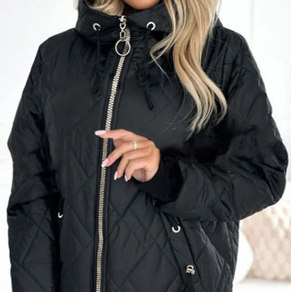 Effortless Quilted Puffer Jacket for Women with Hooded Drawstring Long Sleeve Zip Front Casual Style