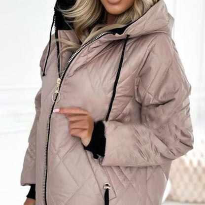 Effortless Quilted Puffer Jacket for Women with Hooded Drawstring Long Sleeve Zip Front Casual Style