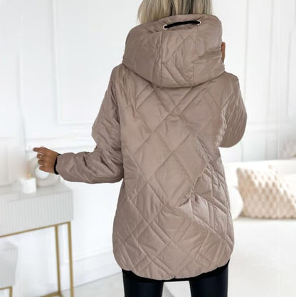 Effortless Quilted Puffer Jacket for Women with Hooded Drawstring Long Sleeve Zip Front Casual Style