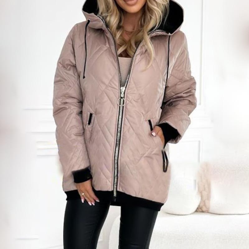 Effortless Quilted Puffer Jacket for Women with Hooded Drawstring Long Sleeve Zip Front Casual Style