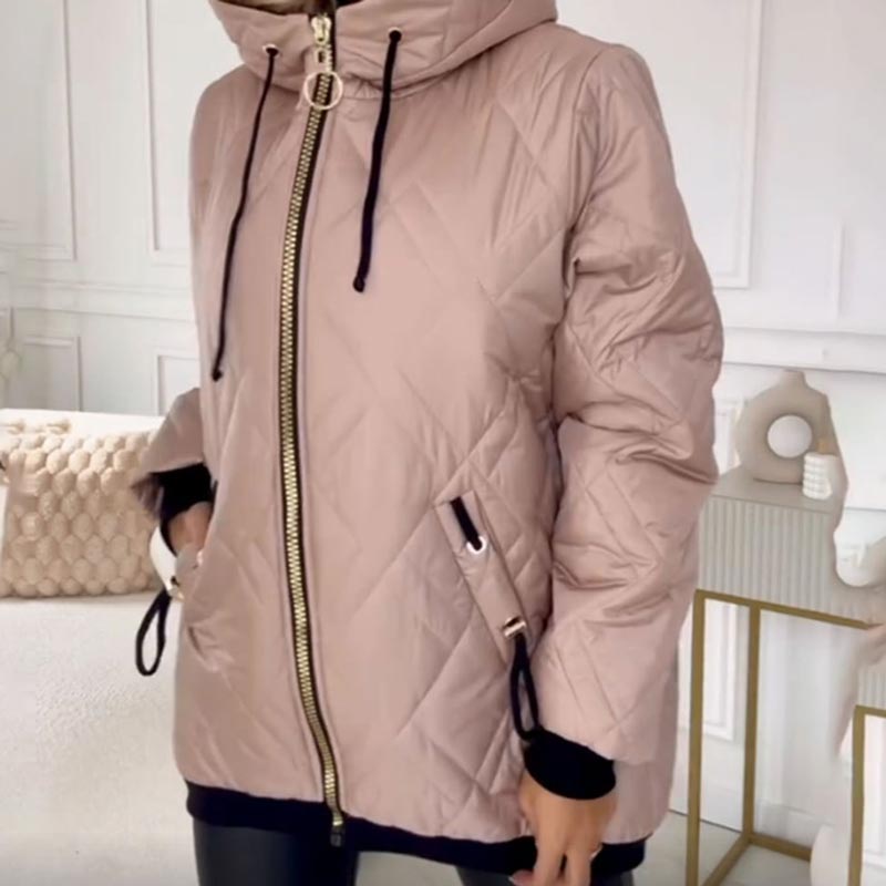 Effortless Quilted Puffer Jacket for Women with Hooded Drawstring Long Sleeve Zip Front Casual Style