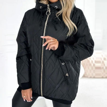 Effortless Quilted Puffer Jacket for Women with Hooded Drawstring Long Sleeve Zip Front Casual Style