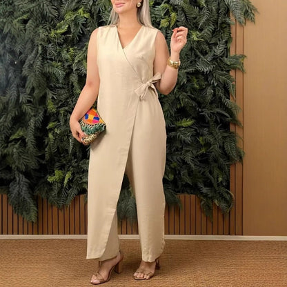 Elegant Wrap Front Jumpsuit for Women with V Neck Sleeveless Wide Leg Belted Style