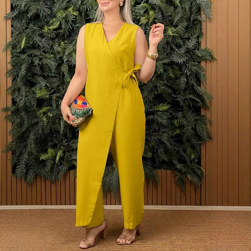Elegant Wrap Front Jumpsuit for Women with V Neck Sleeveless Wide Leg Belted Style