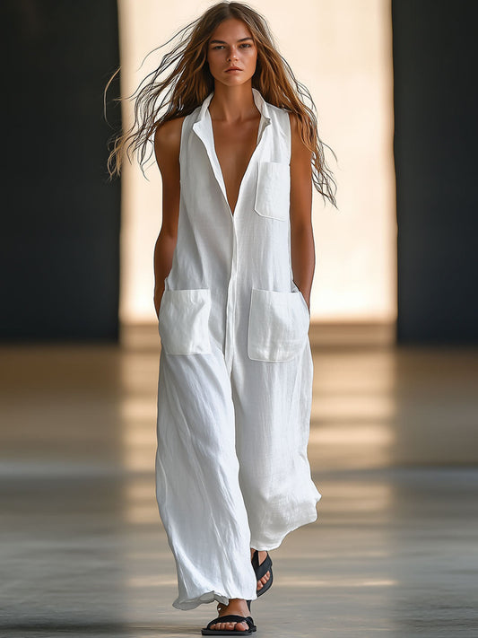 Effortless White Linen Jumpsuit for Women with Collar Sleeveless Button Front Wide Leg Relaxed Style