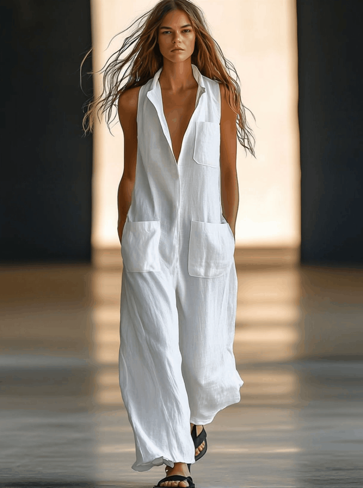 Effortless White Linen Jumpsuit for Women with Collar Sleeveless Button Front Wide Leg Relaxed Style