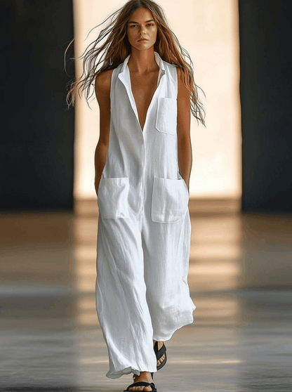Effortless White Linen Jumpsuit for Women with Collar Sleeveless Button Front Wide Leg Relaxed Style