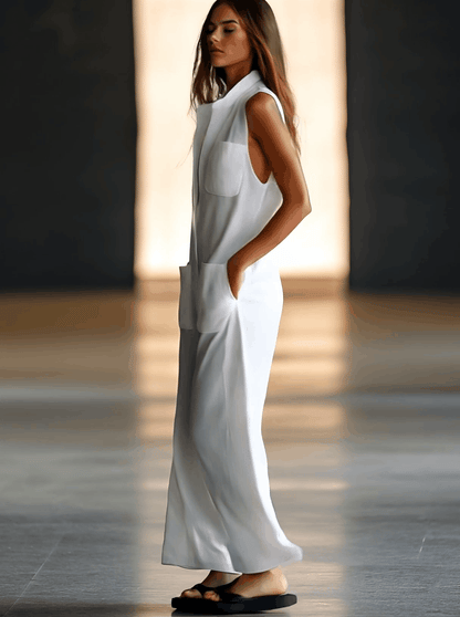 Effortless White Linen Jumpsuit for Women with Collar Sleeveless Button Front Wide Leg Relaxed Style