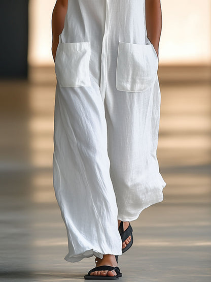 Effortless White Linen Jumpsuit for Women with Collar Sleeveless Button Front Wide Leg Relaxed Style