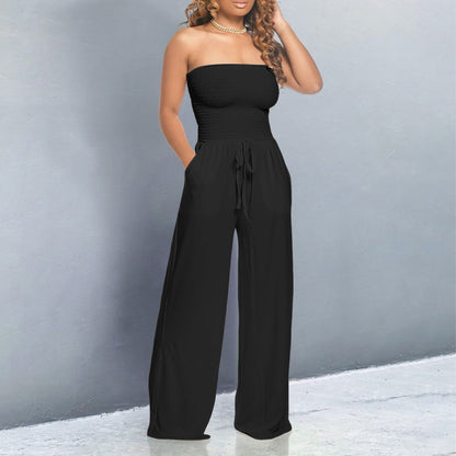 Effortless Wide Leg Jumpsuit for Women with Strapless Smocked Drawstring Waist Relaxed Style