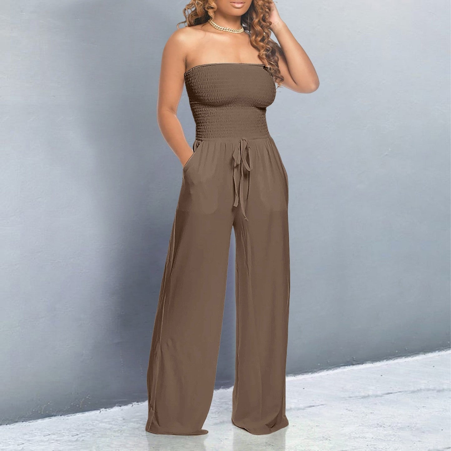 Effortless Wide Leg Jumpsuit for Women with Strapless Smocked Drawstring Waist Relaxed Style