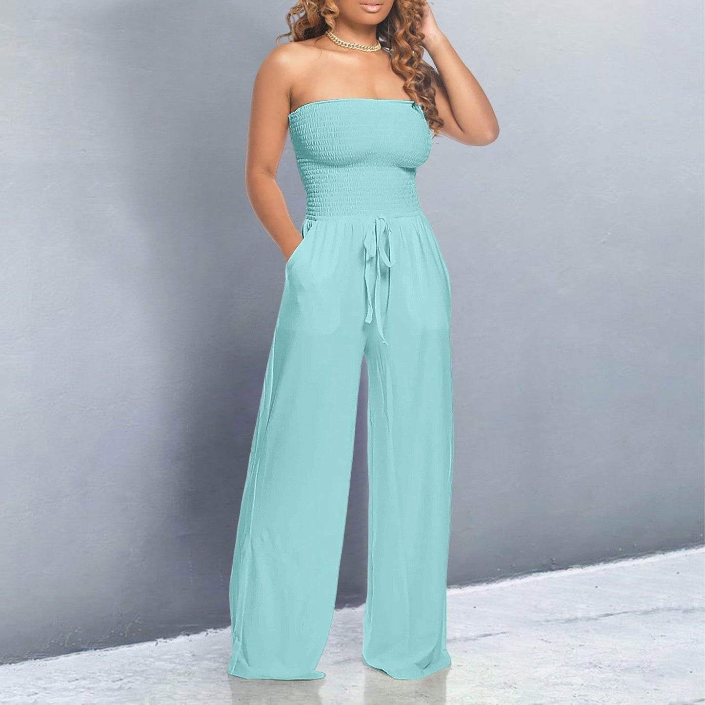 Effortless Wide Leg Jumpsuit for Women with Strapless Smocked Drawstring Waist Relaxed Style