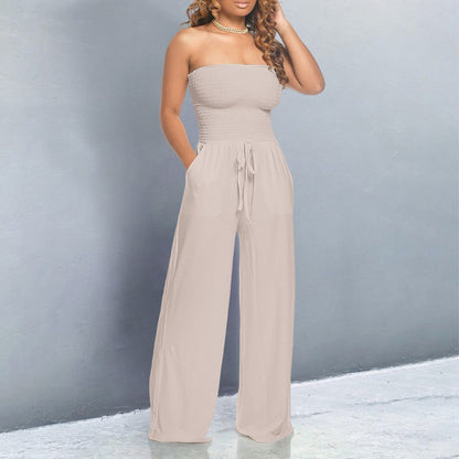 Effortless Wide Leg Jumpsuit for Women with Strapless Smocked Drawstring Waist Relaxed Style