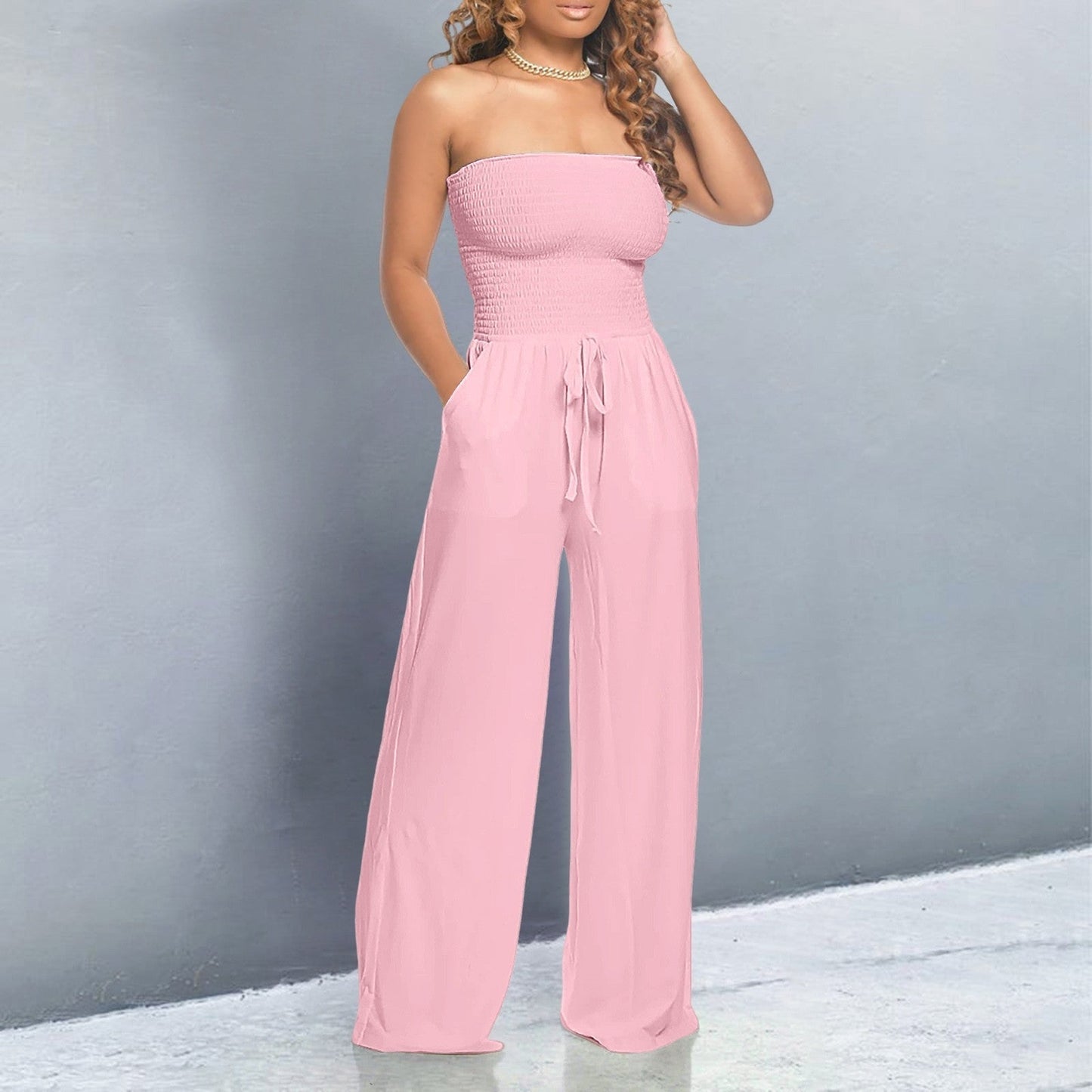 Effortless Wide Leg Jumpsuit for Women with Strapless Smocked Drawstring Waist Relaxed Style