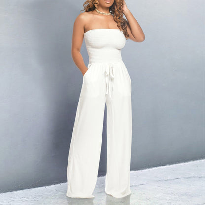 Effortless Wide Leg Jumpsuit for Women with Strapless Smocked Drawstring Waist Relaxed Style