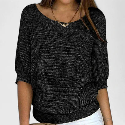 Comfortable Knit Sweater for Women with Boat Neck Batwing Sleeve Ribbed Hem Oversized Style