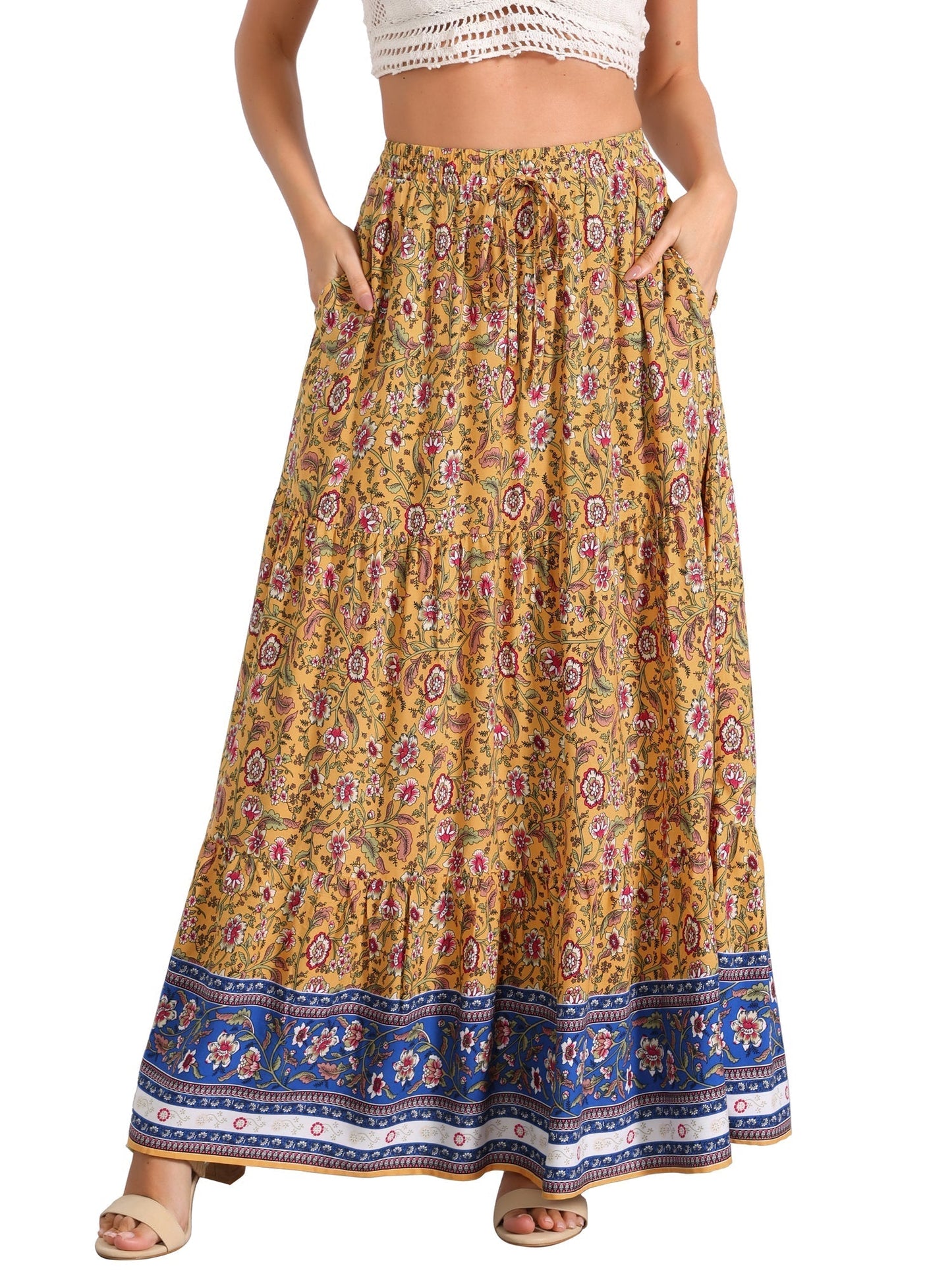 Effortless Printed Maxi Skirt for Women with High Waist Side Slit Flowing