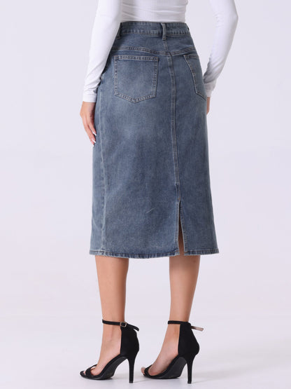 Effortless Denim Skirt for Women with High Waist Midi Straight Slit Casual Jean Style
