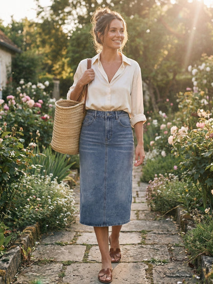 Effortless Denim Skirt for Women with High Waist Midi Straight Slit Casual Jean Style