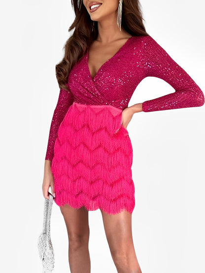 Elegant Sequin Birthday Dress for Women with V Neck Wrap Fringe Hem