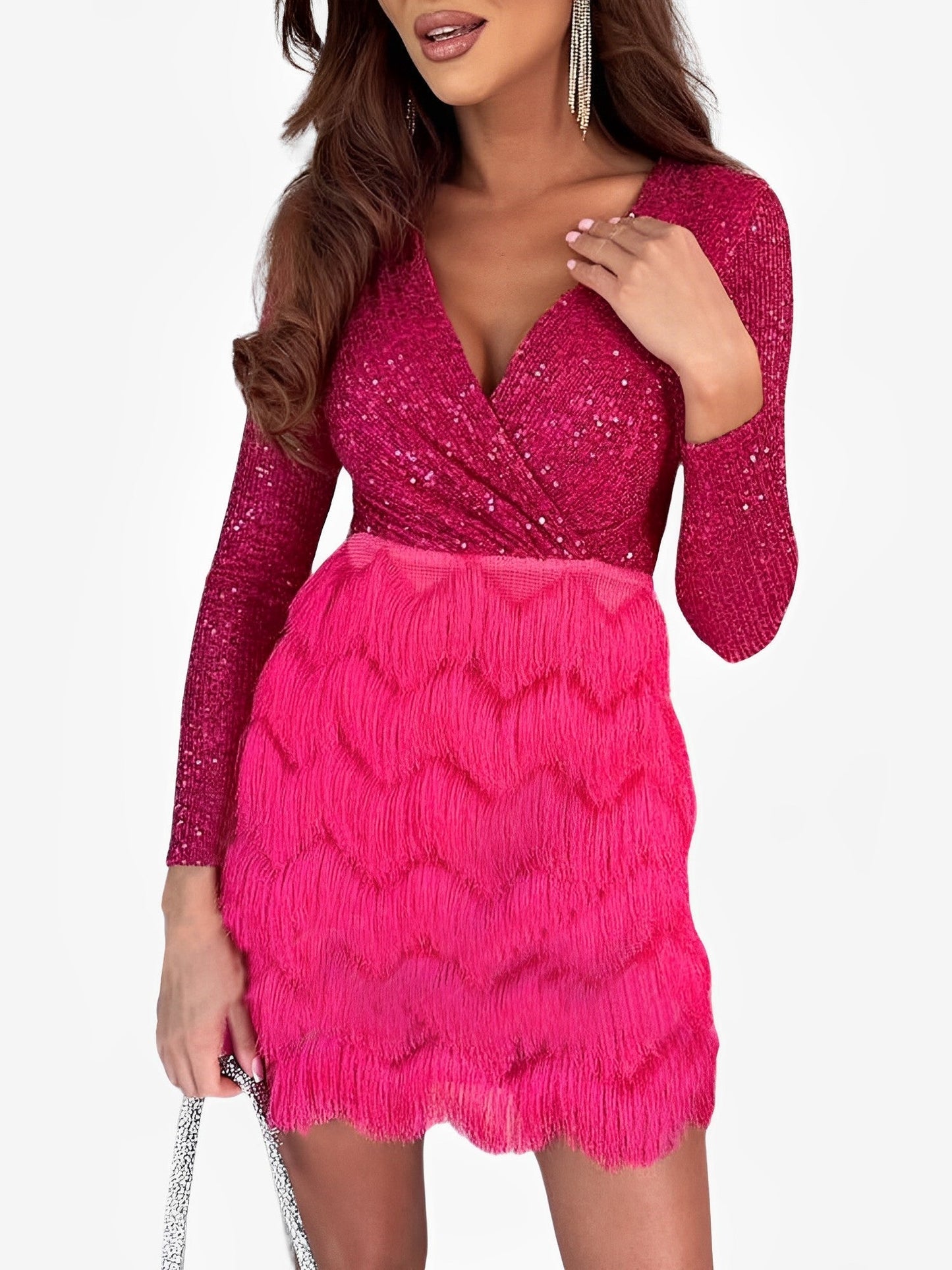 Elegant Sequin Birthday Dress for Women with V Neck Wrap Fringe Hem