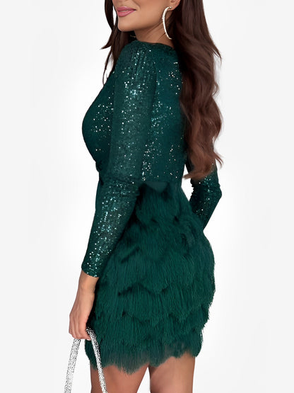 Elegant Sequin Birthday Dress for Women with V Neck Wrap Fringe Hem