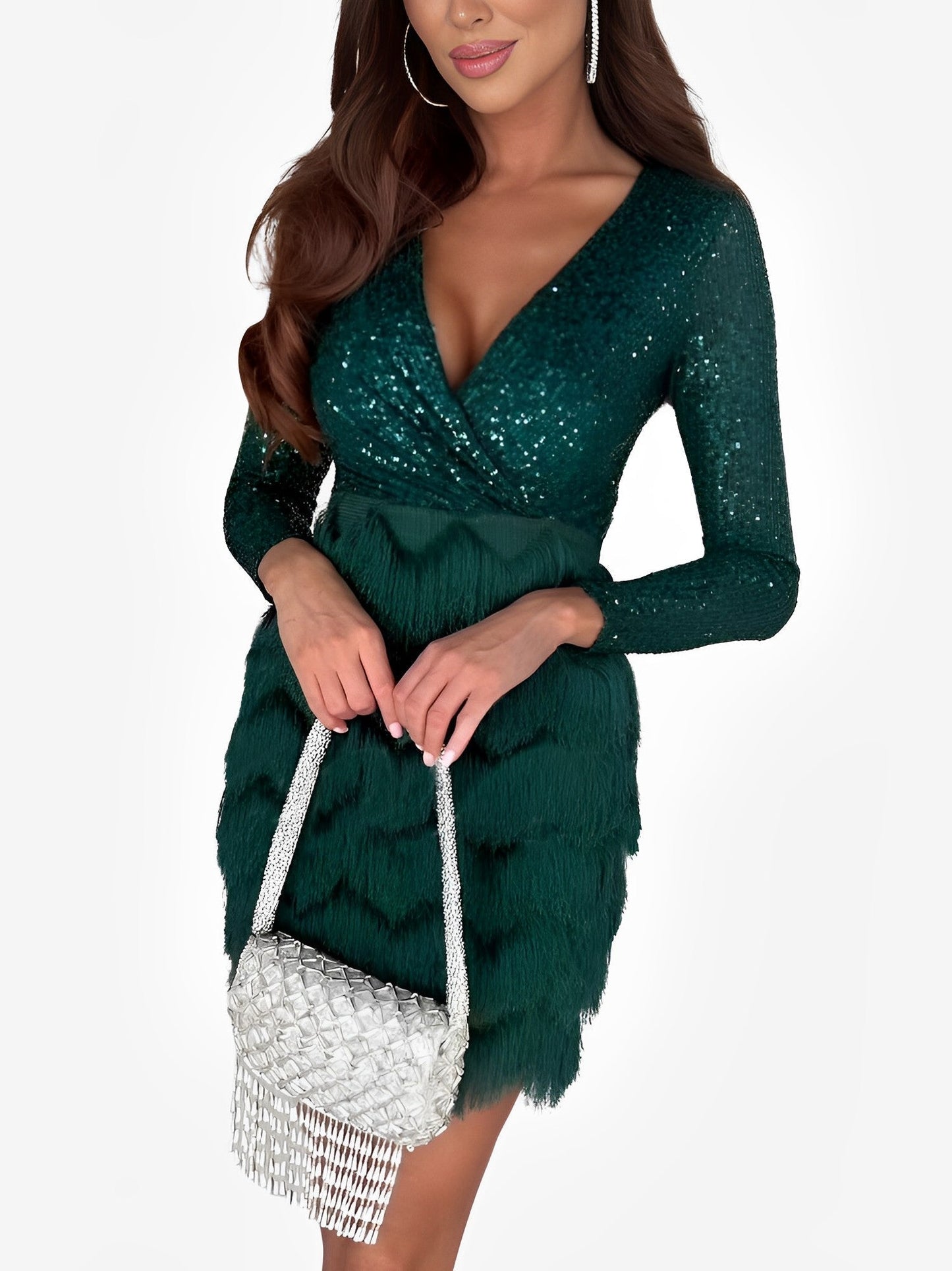 Elegant Sequin Birthday Dress for Women with V Neck Wrap Fringe Hem