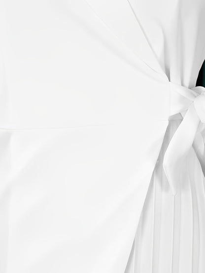 Elegant Wrap Mini Dress for Women with Collar Elbow Sleeve Pleated Tie Waist