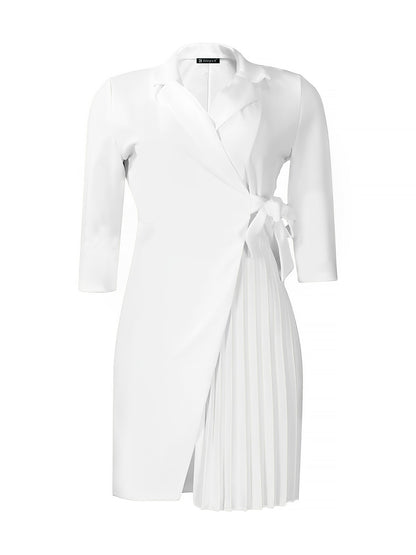 Elegant Wrap Mini Dress for Women with Collar Elbow Sleeve Pleated Tie Waist