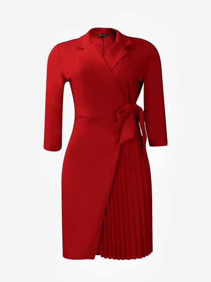 Elegant Wrap Mini Dress for Women with Collar Elbow Sleeve Pleated Tie Waist