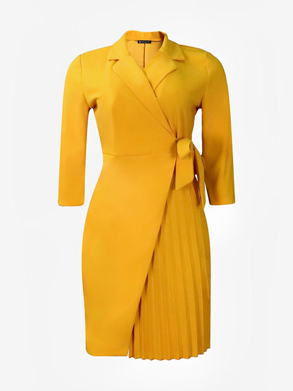 Elegant Wrap Mini Dress for Women with Collar Elbow Sleeve Pleated Tie Waist