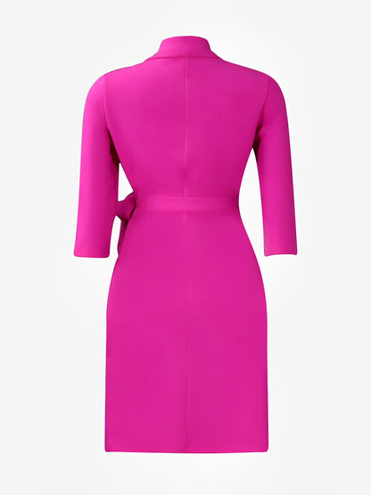 Elegant Wrap Mini Dress for Women with Collar Elbow Sleeve Pleated Tie Waist